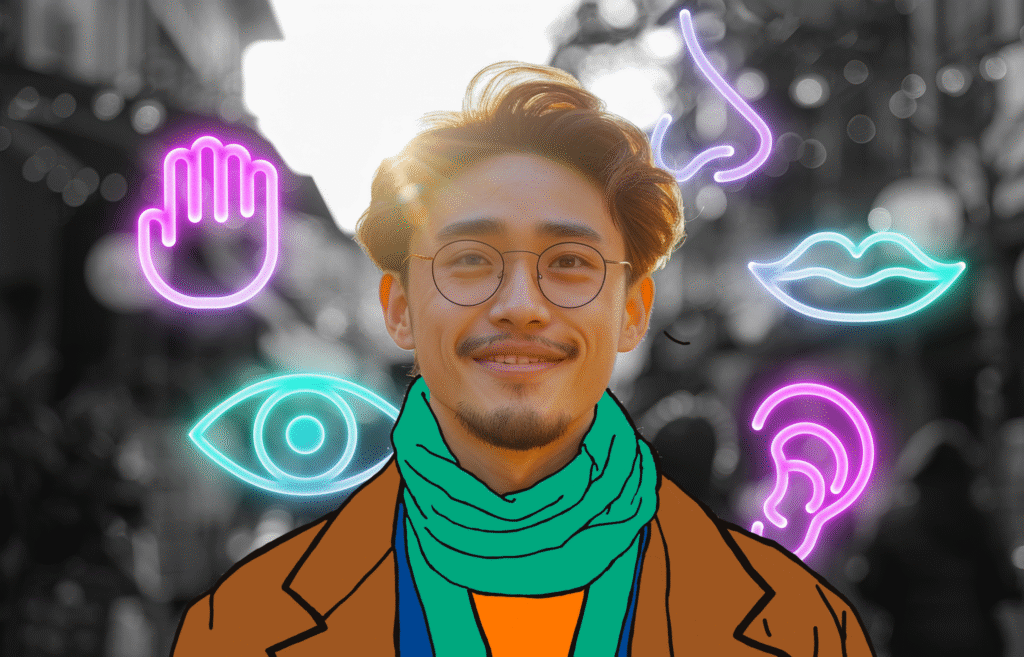 Man wearing a cartoon brown jacket, orange shirt, and green scarf, with several icons in neon pink and blue floating around him: an eye, a hand raised palm up, a nose, an ear, and a mouth